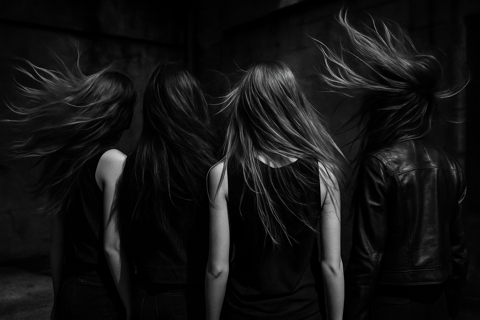 can we do a black and white picture of there or four long hair girls from behind hair blowing edgy vibes 